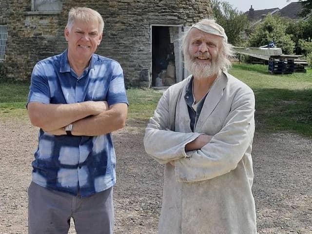 Trevor Stainwright with miller Nigel Moon, who owns and runs the tower mill at Whissendine, Rutland