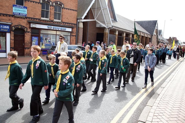 St George's Day parade through streets of Wellingborough by Scouts and Guides  April 2015