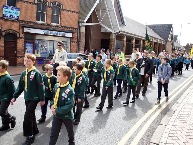 St George's Day parade through streets of Wellingborough by Scouts and Guides April 2015