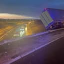 A lorry is overhanging the A14.