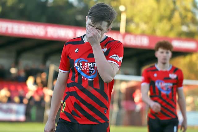 Kettering's Shane Flynn shows his disappointment at full-time following the defeat to Needham Market (Picture: Peter Short)