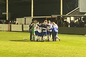 Chris Nunn talks to his AFC Rushden & Diamonds players in a huddle following the 3-1 defeat to Rushall Olympic in their last home game of the season last night