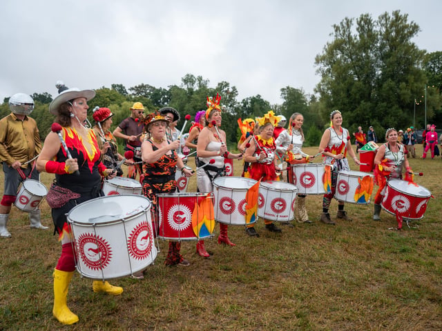 Shambala's drummers perform at the carnival gathering on Saturday, August 29, 2026, dressing up to showcase this year’s ‘Lyrical Genius’ theme.