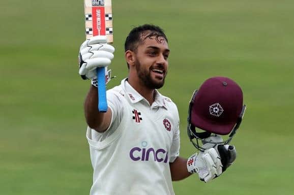 Saif Zaib celebrates after scoring his century for Northants against Surrey at the County Ground in September