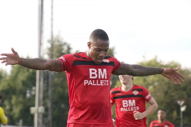 Aaron O'Connor in familiar pose after scoring one of his 40 goals in all competitions for Kettering Town