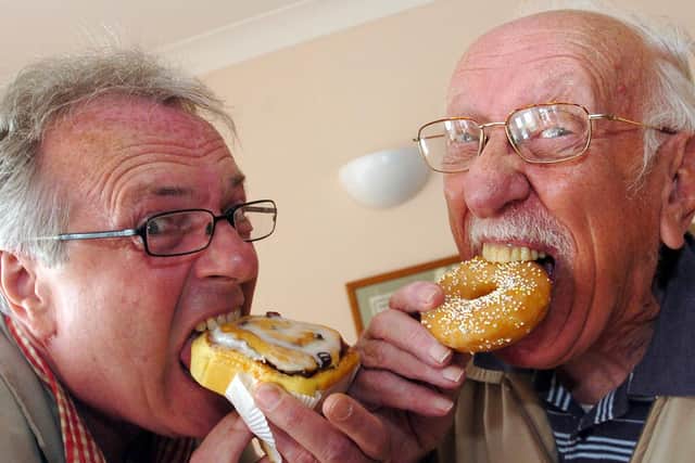 Tucking into cream cakes with radio presenter Richard Oliff ahead of 2009's hospice summer fair