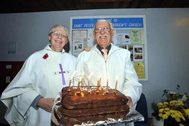 With the Rev Jan Collins for a surprise service at St Peter and St Andrew Church for Vic's 90th birthday in 2010