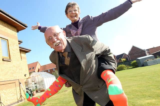Previewing a crazy socks walk in 2010 with Fiona Castle