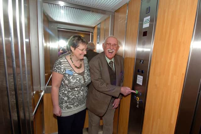 In the new lift at Lakelands in 2010 with Cathy Langtree