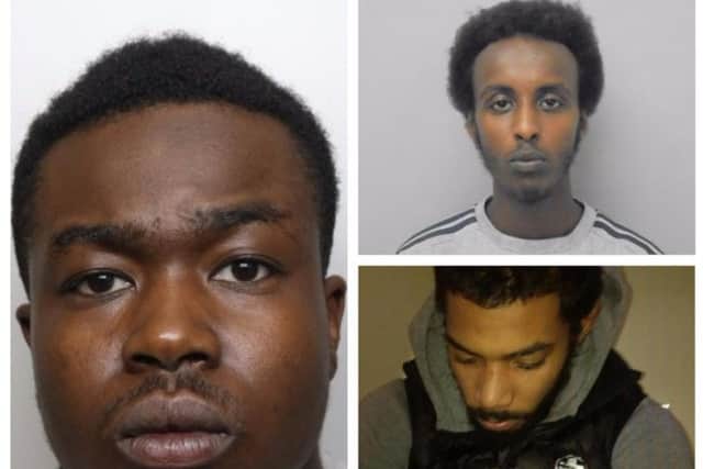 Khalid Daahir, top right, Keon Crossman, left, and Nathan Collins, bottom right