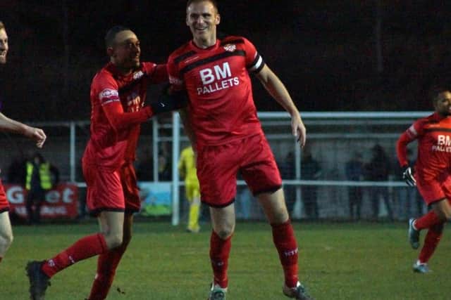 Brett Solkhon was all smiles after he headed home Kettering Town's second goal in the 2-0 win over Gosport Borough. Pictures by Peter Short