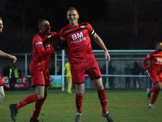 Brett Solkhon was all smiles after he headed home Kettering Town's second goal in the 2-0 win over Gosport Borough. Pictures by Peter Short