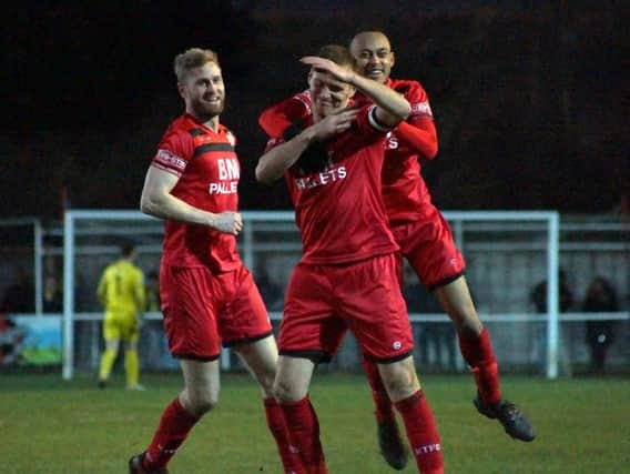 Brett Solkhon celebrates after he sealed Kettering Town's 2-0 win over Gosport Borough at the weekend. The Poppies head to Banbury United tonight. Picture by Peter Short
