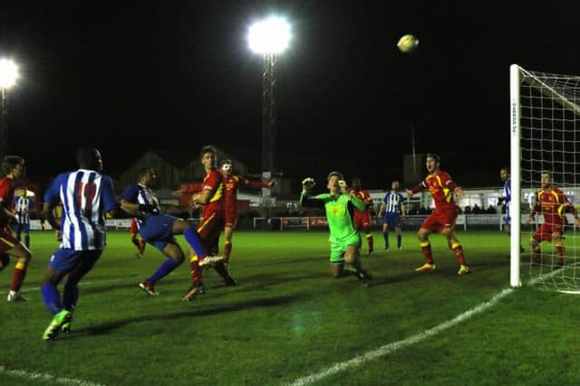 Action from Kettering Town's 1-1 draw at Banbury United in midweek. The Poppies travel to Frome Town in the Evo-Stik South League Premier tomorrow