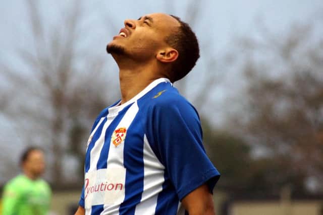 Rhys Hoenes' reaction says it all as another chance goes begging for Kettering Town in the 2-2 draw at Frome Town. Pictures by Peter Short