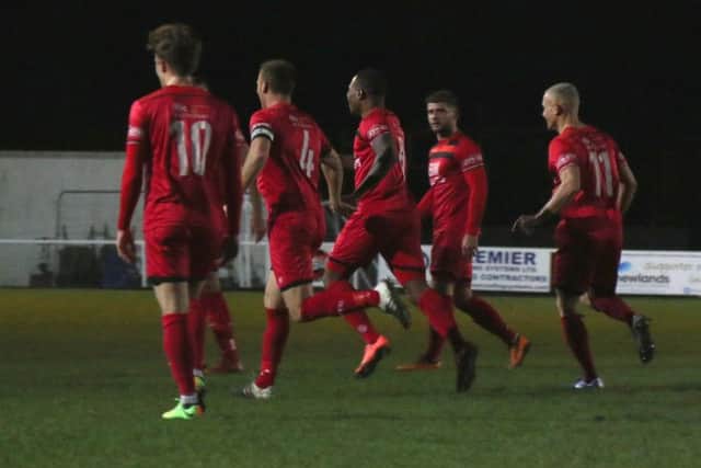 Aaron O'Connor celebrates after he opened the scoring in Kettering Town's 4-1 victory over St Ives Town at Latimer Park. Pictures by Peter Short