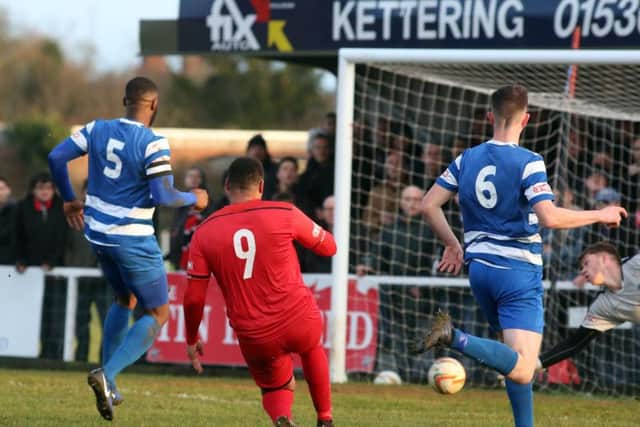 Rene Howe opened the scoring with this effort as Kettering Town beat Dunstable Town 6-0 at the weekend. The Poppies travel to St Neots Town for their Boxing Day action (1pm). Picture by Alison Bagley