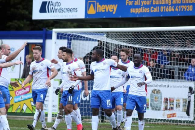 The AFC Rushden & Diamonds players celebrate one of Ryan Robbins' goals on Boxing Day. Diamonds head to Bedford Town for their first game of 2018 today