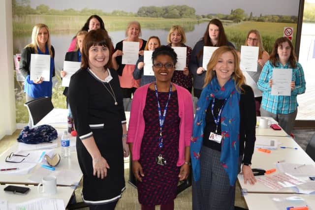 Tina Pratt (Rushden Jobcentre workplace co-ordinator), Maxine Reed (course tutor) and Cheryl Needham (Tresham College head of adult and foundation learning) with their latest group of students