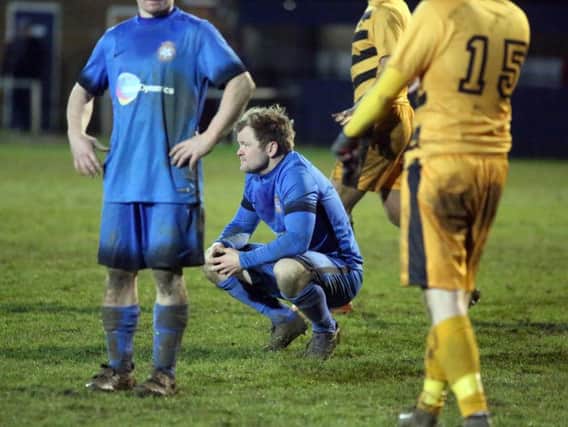 Andy Hall shows his disappointment after Desborough Town were beaten by Stourport Swifts in the FA Vase. Pictures by Alison Bagley
