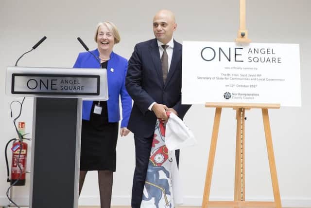 Sajid Javid opens One Angel Square in Northampton in October with county council leader Heather Smith