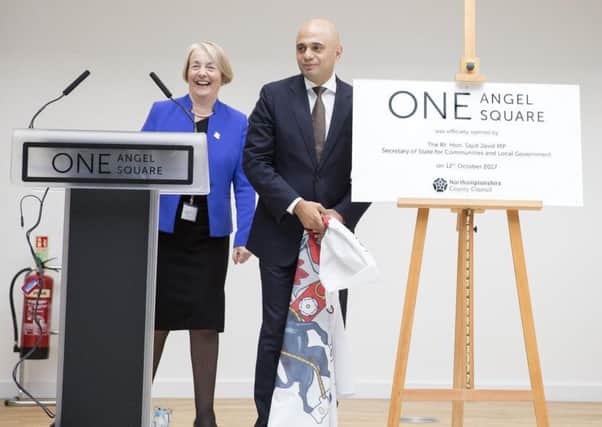 Sajid Javid opens One Angel Square in Northampton in October with county council leader Heather Smith