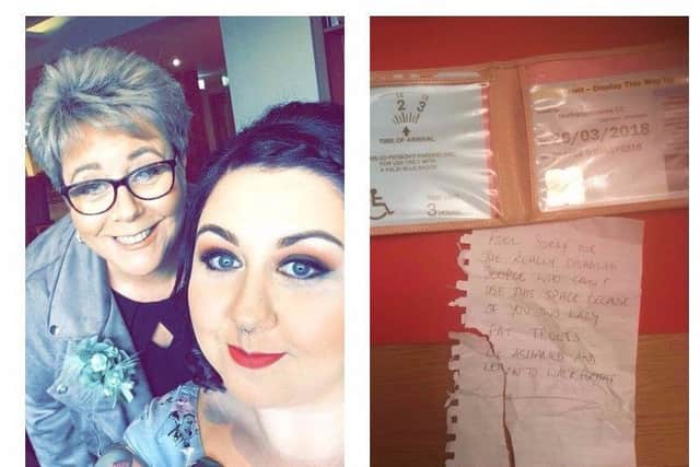 Alexis (left) with daughter Kat and, on the right, the note left on their car. NNL-181101-120244005