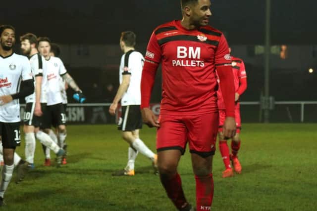 Rene Howe heads off the pitch after his unfortunate late own-goal saw Kettering pegged back by Kings Langley at Latimer Park