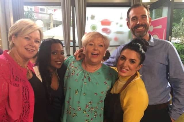 Sue, left, with the Channel 4 presenters of How to Lose Weight Well and her fellow dieter, Elaine Bodys