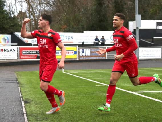 Mathew Stevens celebrates his goal during Kettering Town's 4-2 success at Merthyr Town last weekend, which got them back to winning ways and put them on top of the Evo-Stik South League Premier. Picture by Peter Short