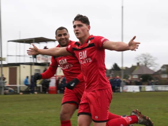 Mathew Stevens celebrates after opening the scoring in Kettering Town's 3-1 victory over Biggleswade Town. Picture by Peter Short