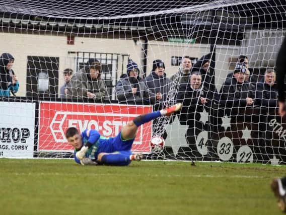 Steven Leslie gave Corby Town the lead with this penalty but they were beaten 2-1 by Frickley Athletic at Steel Park. Pictures by Alison Bagley