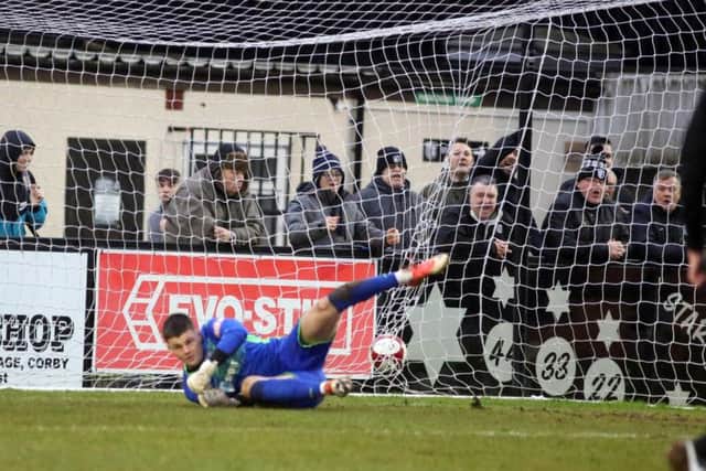 Steven Leslie gave Corby Town the lead with this penalty but they were beaten 2-1 by Frickley Athletic at Steel Park. Pictures by Alison Bagley
