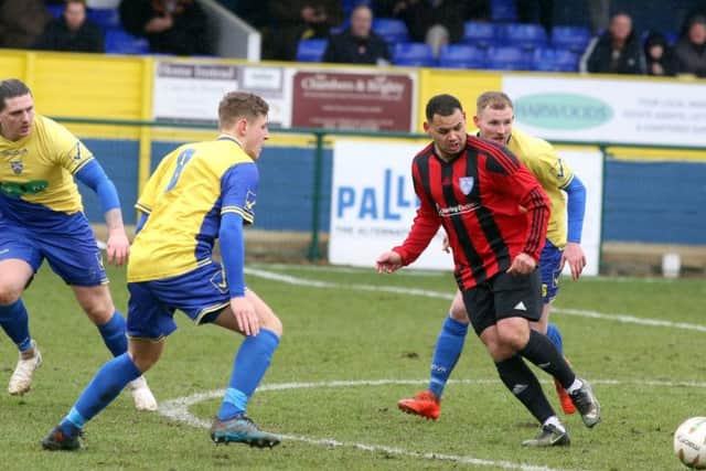 Action from Wellingborough Town's 2-1 victory over Eynesbury Rovers