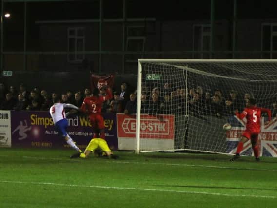 Ben Diamond scored one of the goals as AFC Rushden & Diamonds beat Kettering Town 3-2 in the BigFreeBet.com Challenge Cup earlier this season. The two teams meet again in the NFA Hillier Senior Cup semi-final at Latimer Park tonight. Picture by Peter Short