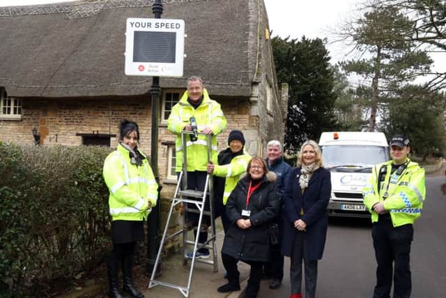 Speed Sign: Gretton: A rural dedicated Temporary Vehicle Activated Sign unit has now been purchased, thanks to funding from Northamptonshire County Council and Corby Borough Council, to assist with tackling speeding in villages across Corby borough. l-r Suzanne Preston (CBC), Bob Althorpe and Derek Muirson (CBC Neighbourhod team), Cllr Julie Riley, Jim McCabe (Neighbourhood team), NCC Cllr Sandra Naden-Horley and PC Mark Waller.
Friday February 2nd 2018 NNL-180202-185742009