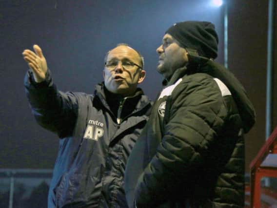 Andy Peaks makes his point to coach Scott Carlin during AFC Rushden & Diamonds' clash at Kettering Town. Pictures by Peter Short