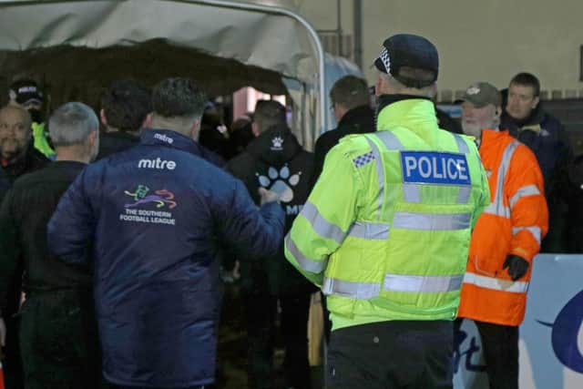 Police were already on site at Latimer Park during Kettering Town's NFA Hillier Senior Cup semi-final with AFC Rushden & Diamonds before an alleged incident took place at half-time. Picture by Peter Short