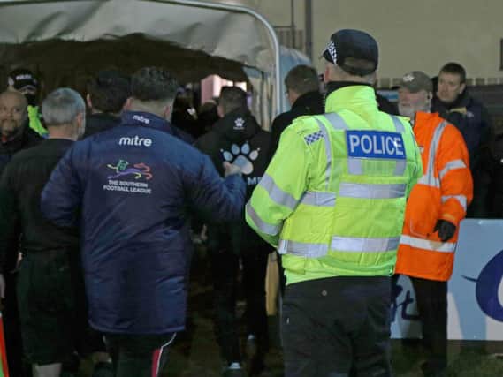 Police were already on site at Latimer Park during Kettering Town's NFA Hillier Senior Cup semi-final with AFC Rushden & Diamonds before an alleged incident took place at half-time. Picture by Peter Short