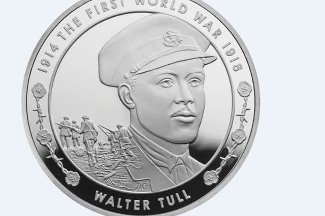 The Royal Mint's £5 commemorative coin for Walter Tull, ex-Northampton footballer who lived in Rushden and who was killed in action in the First World War