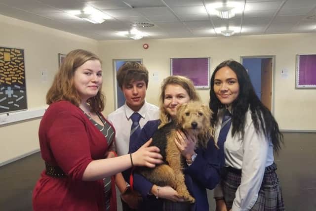 The four leads from The Wizard of Oz with Toto
