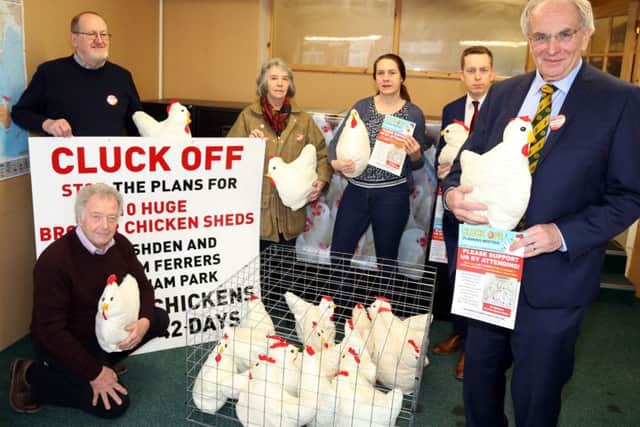 Members of the Cluck Off campaign group with Cllr Helen Harrison and MPs Tom Pursglove and Peter Bone