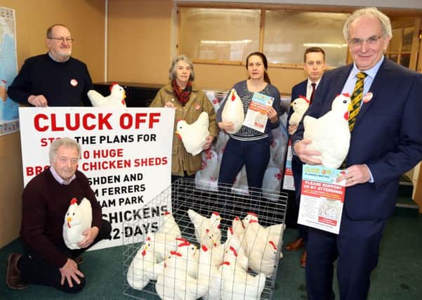 Members of the Cluck Off campaign group with Cllr Helen Harrison and MPs Tom Pursglove and Peter Bone