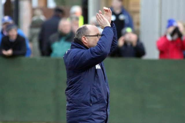 Andy Peaks applauds the AFC Rushden & Diamonds fans after he guided his team to another win as they beat Chalfont St Peter at Hayden Road. Pictures by Alison Bagley