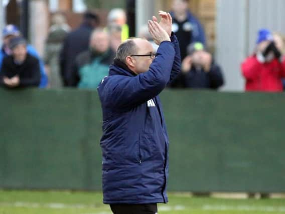 Andy Peaks applauds the AFC Rushden & Diamonds fans after he guided his team to another win as they beat Chalfont St Peter at Hayden Road. Pictures by Alison Bagley