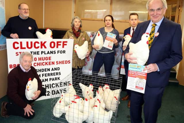 Members of the Cluck Off campaign group with MPs Peter Bone and Tom Pursglove and East Northants councillor Helen Harrison