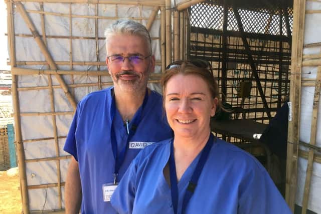 Head of Nursing for Urgent and Emergency Care David Anderson with Advanced Nurse Practitioner Mandy Blackman at a refugee camp during their deployment in Bangladesh.