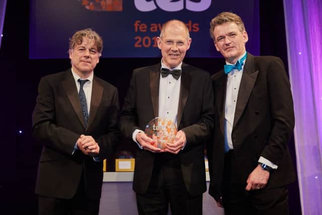 Keith centre with Alan Davies left at TES Awards NNL-180226-105534005