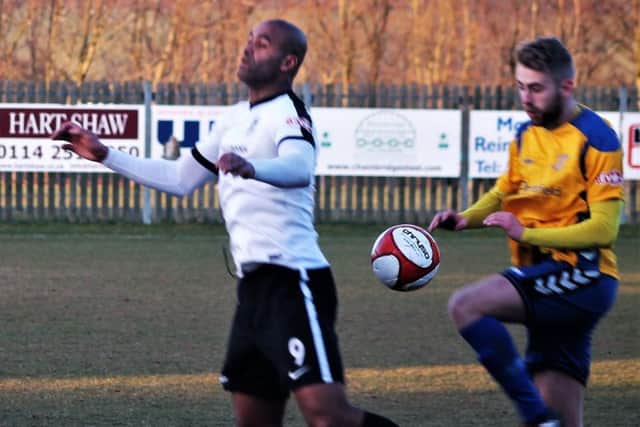 Phil Trainer in action during Corby Town's 3-2 win at Stocksbridge Park Steels last weekend, in which he scored what proved to be the winner. Picture by David Tilley