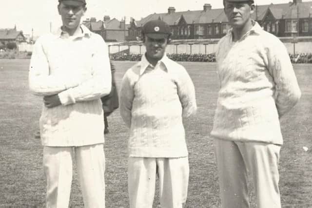 Fanny Walden, centre, accompanied by Northamptonshire team-mates Claud Woolley and Bob Haywood